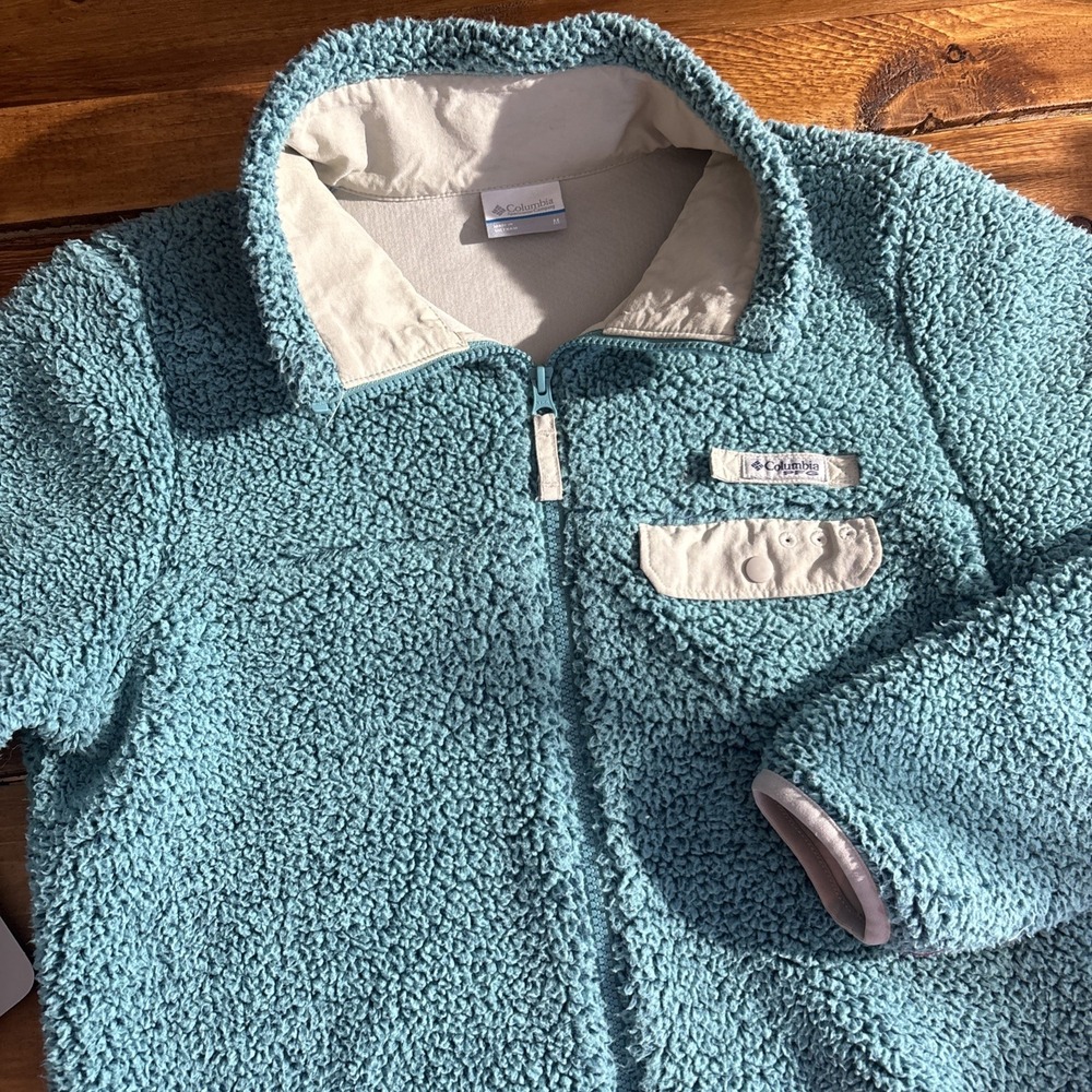 Columbia PFG Fleece Jacket Womens Medium Teal Sherpa Full Zip Outdoor Activewear